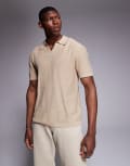 [River Island] River Island fine knit polo with open collar in stone-Neutral L STONE - MEDIUM