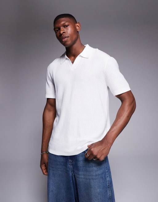River Island fine knit polo with open collar in white