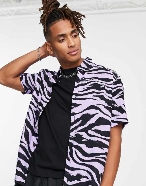 River Island – Fioletowa koszula z krótkimi rękawami we wzór w paski zebry