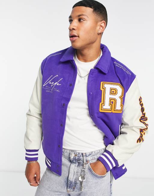 River Island – Fioletowa kurtka varsity z rękawami z poliuretanu i naszywkami
