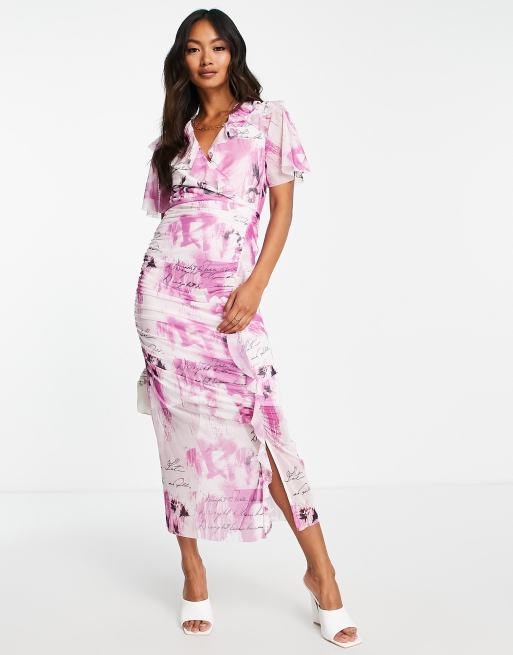 River Island – Fioletowa sukienka midi z siateczki w kwiatowy wzór z falbankami
