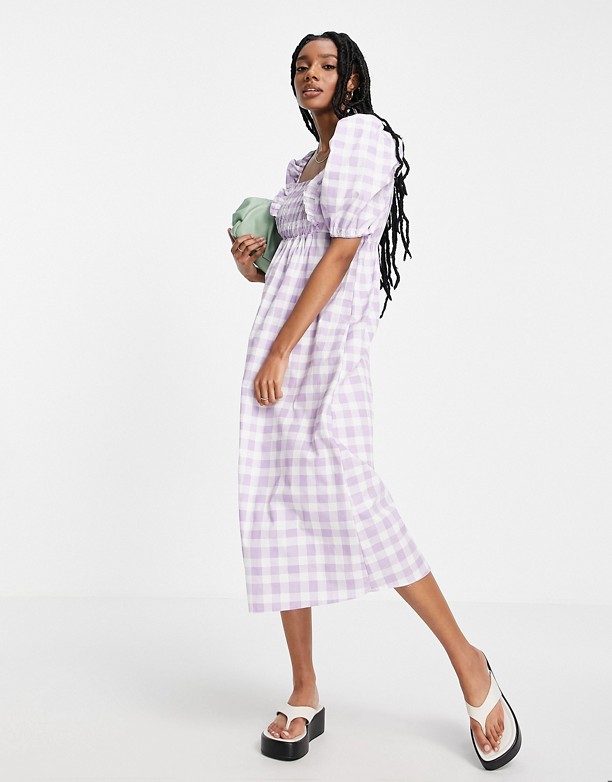  Spieszyć Się River Island – Fioletowa warstwowa sukienka midi w kratkę vichy Jasny fiolet