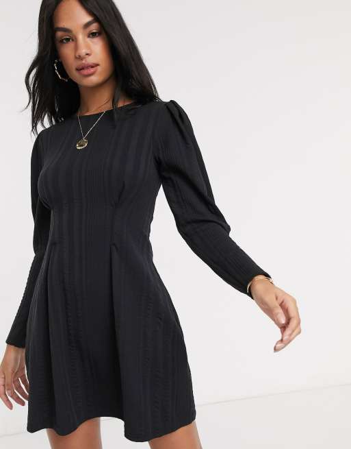 Long sleeve fit and flare store black dress