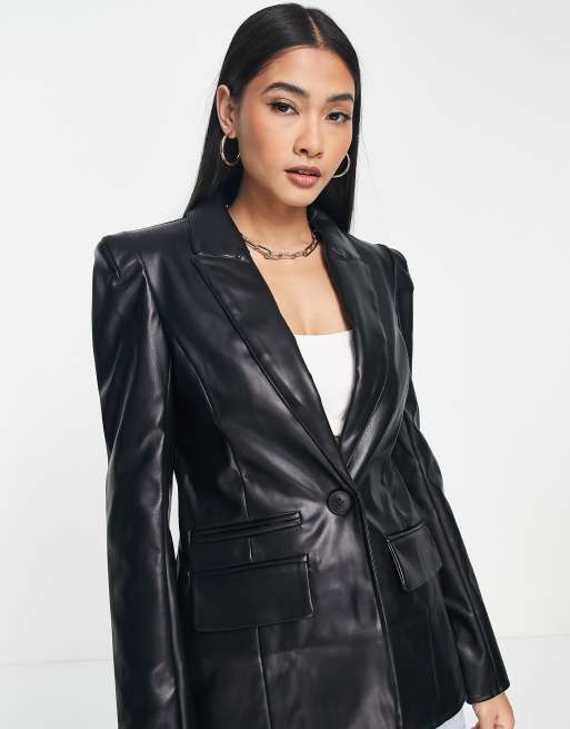 River Island fitted faux leather blazer jacket in black ASOS