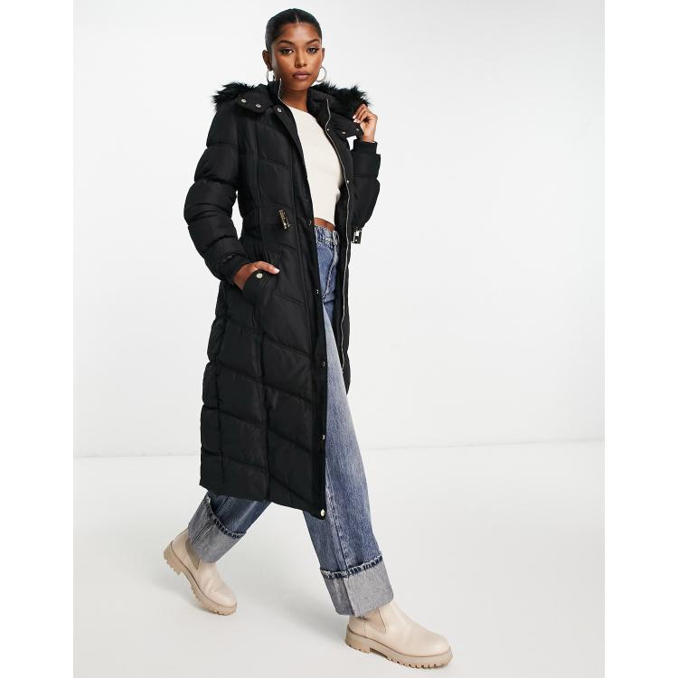 River Island fitted padded coat with faux fur trim in black