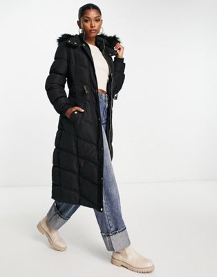 River Island fitted padded coat with fur trim in black