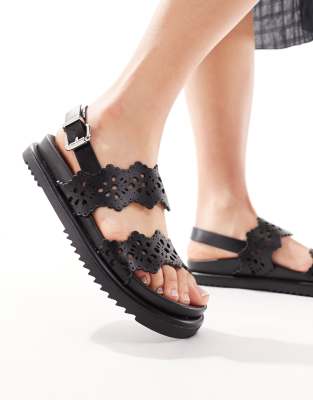 River Island - Flache Sandalen in Schwarz mit Laserschnittmuster