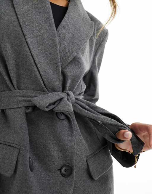 River Island flannel belted wrap blazer in grey marl
