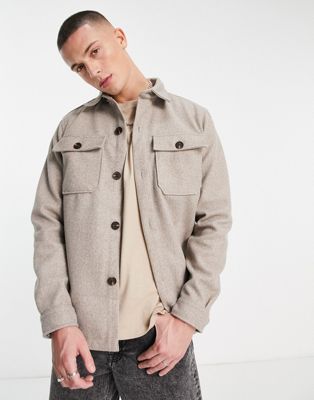 River Island flannel button through overshirt in stone