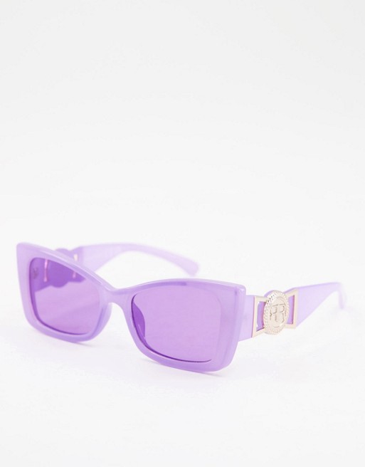 River Island flared cat eye coin arm sunglasses in purple