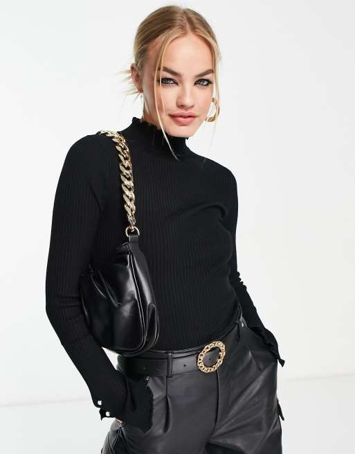 River Island flared frill sleeve ribbed jumper in black ASOS