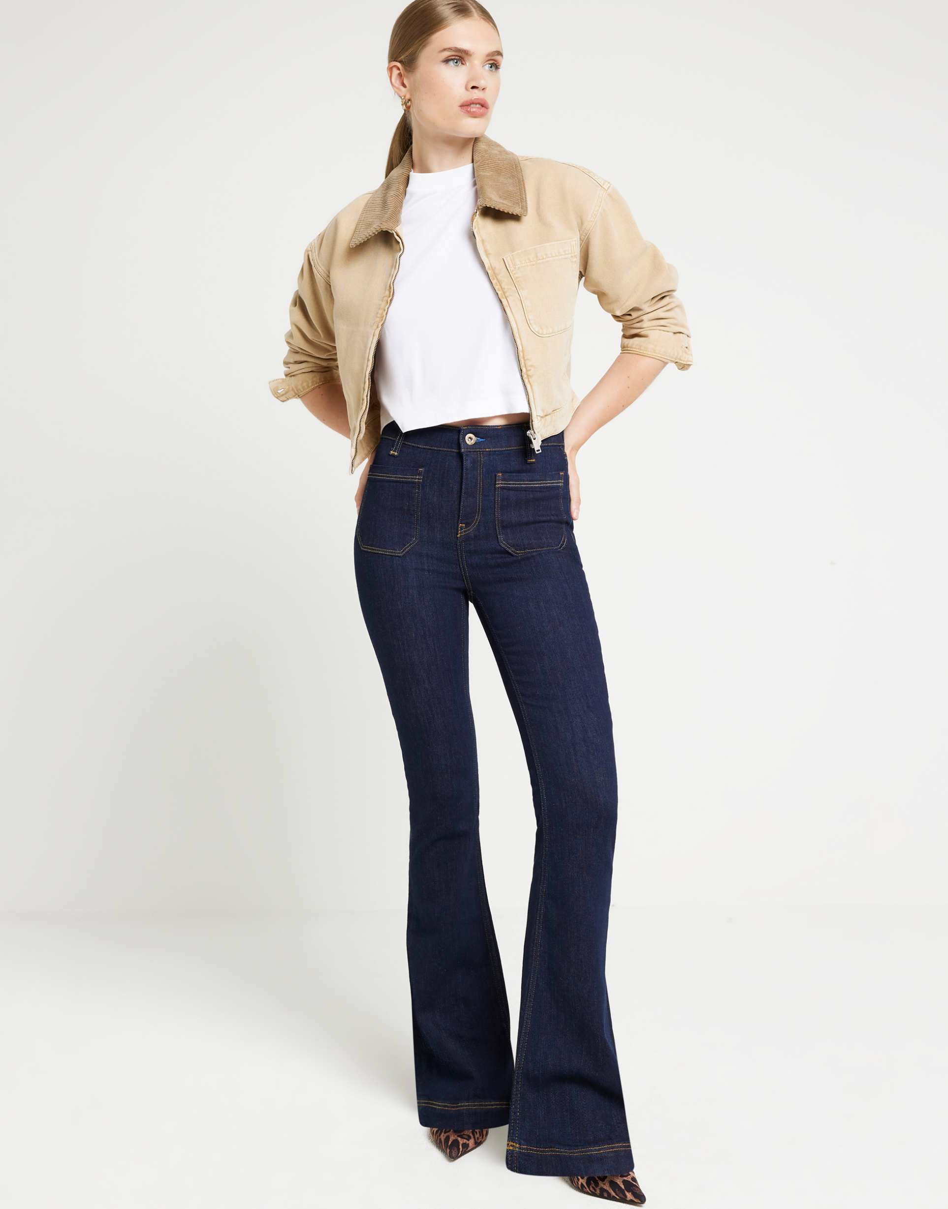 river island flared jeans in dark wash blue