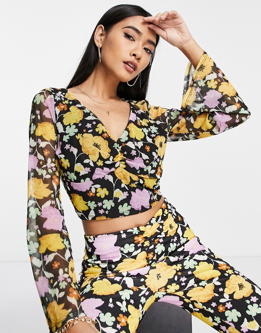 River Island flared sleeve floral mesh top in yellow - part of a set