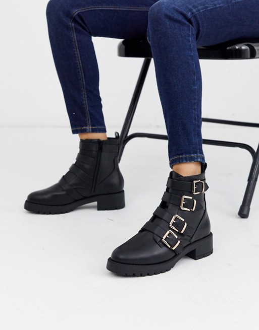 River Island flat boots with buckles in black