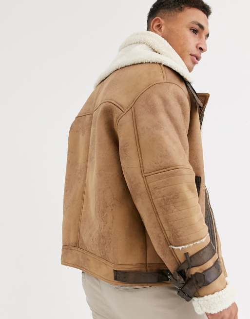 River Island fleece lined aviator coat in tan