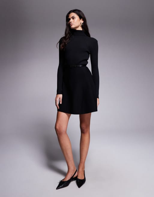 River Island flippy knit belted mini dress in black