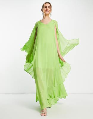 River Island floaty chiffon frill maxi dress in lime - ASOS Price Checker