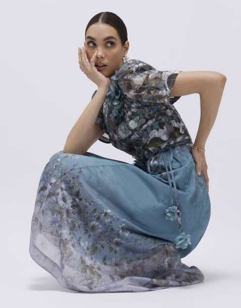 River Island Floral 3d corsage midi dress in blue - light