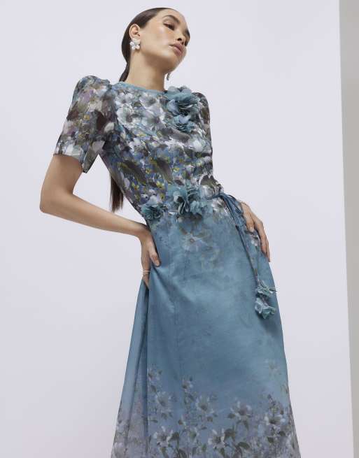 river island blue lace dress River Island Floral 3d corsage midi dress in blue - light