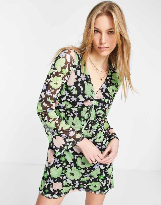 River Island floral 70s mesh flared sleeve mini dress in green