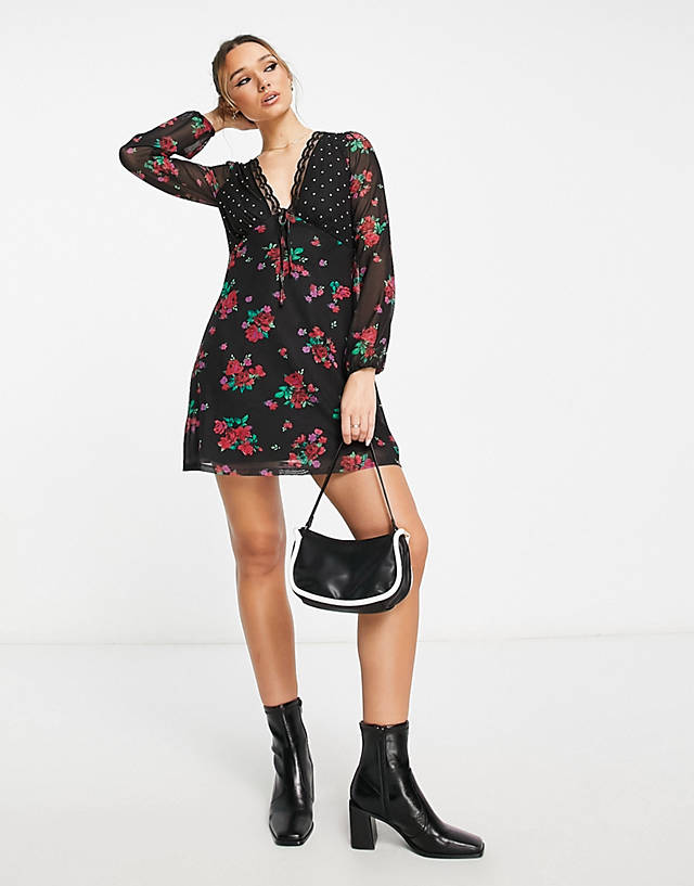 River Island - floral and spot mixed print mini dress in black