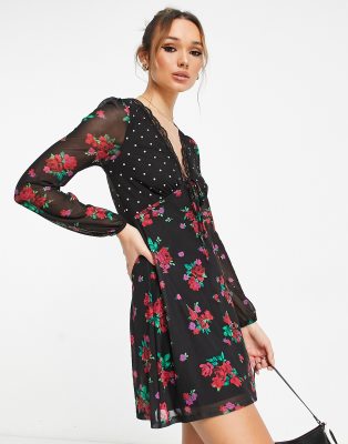 River Island floral and spot mixed print mini dress in black | ASOS