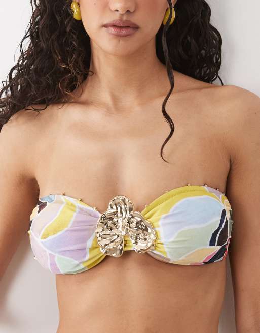 River Island floral bandeau bikini top in yellow, 3 of 4