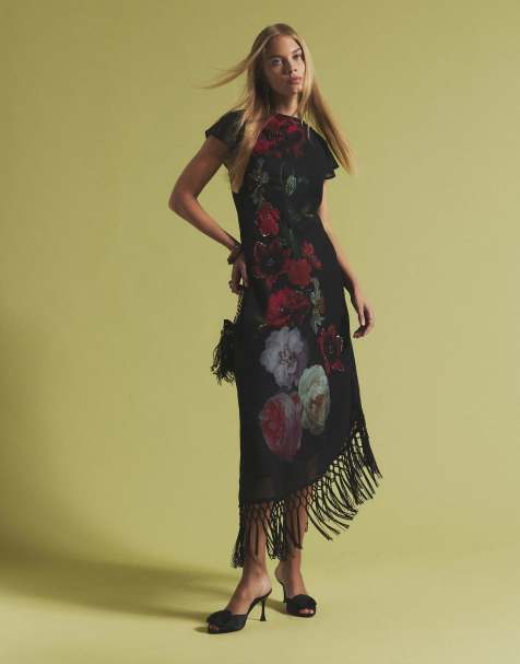River Island Floral beaded fringed dress in black - view 1