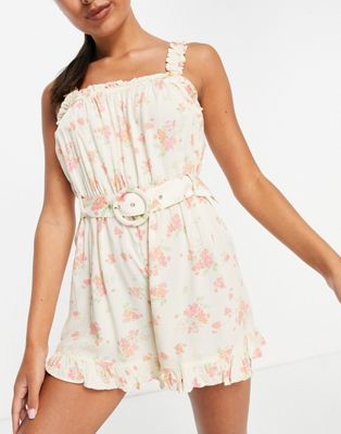 River Island floral belted playsuit in yellow - ASOS Price Checker