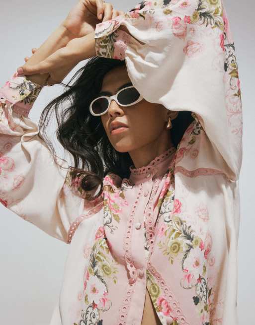 River Island Floral broderie trim shirt in pink, 2 of 4
