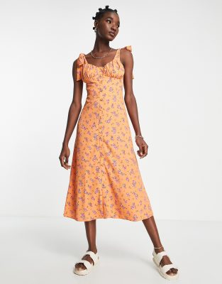 River Island Floral Cami Midi Dress In Orange