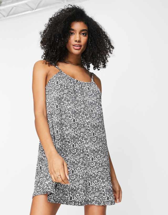 River Island floral crinkle mini slip dress in black