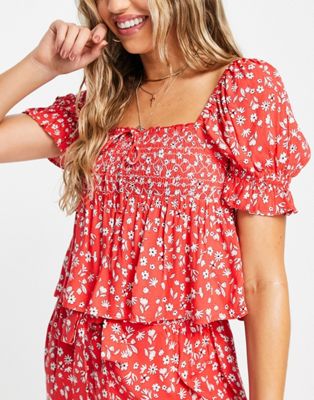 River Island floral cropped beach top co-ord in red