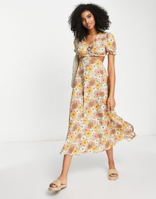 River Island Floral Cut Out Midi Dress In Orange