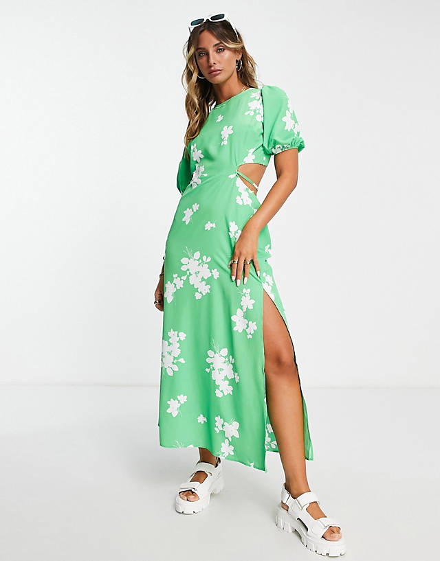 River Island floral cut out midi dress with split detail in green