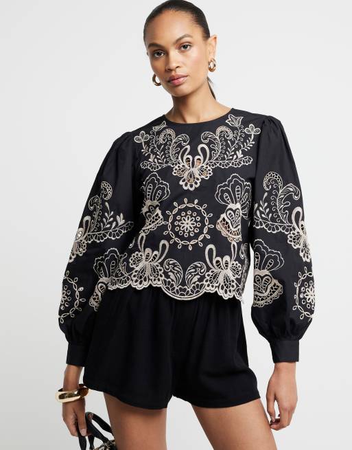 River Island Floral cut work blouse in black