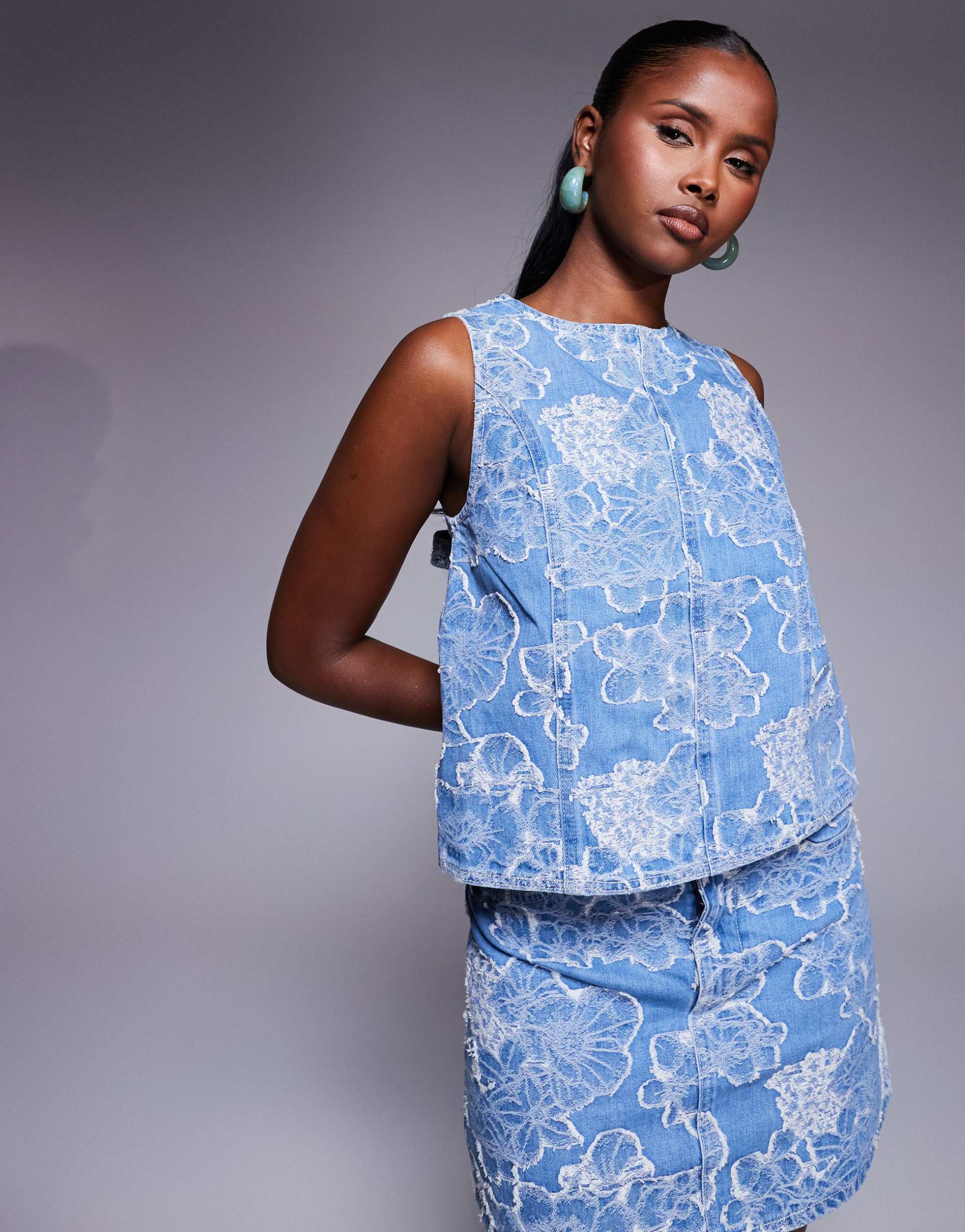 river island floral denim top in midwash blue - part of a set