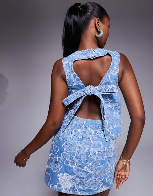 River Island floral denim top in midwash blue (part of a set), 3 of 4