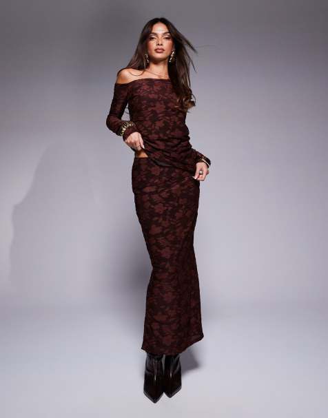River Island floral devore midi skirt in brown (part of a set) - view 1