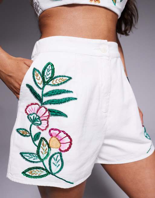 River Island floral embellished shorts in white co ord, 3 of 5