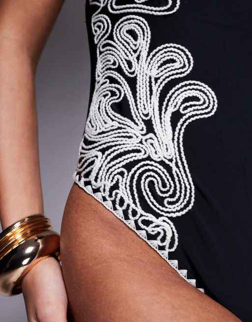 River Island floral embroidered detail swimsuit in black , 3 of 4