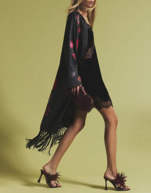 River Island Floral embroidered fringed kimono in black, 2 of 4