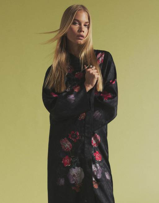 River Island Floral embroidered fringed kimono in black, 3 of 4