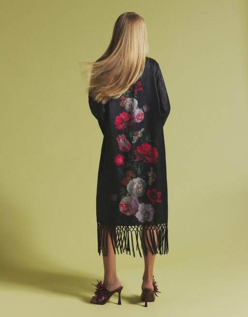 River Island Floral embroidered fringed kimono in black, 4 of 4