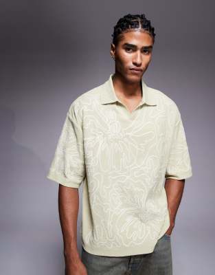 River Island floral embroidered polo shirt in light green - view 1