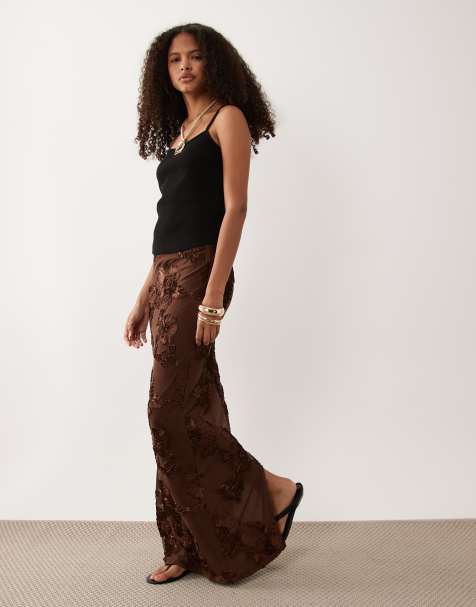 River Island floral embroidered skirt in dark brown  - view 1