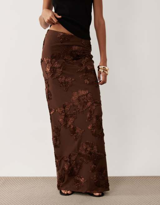 River Island floral embroidered skirt in dark brown , 2 of 5