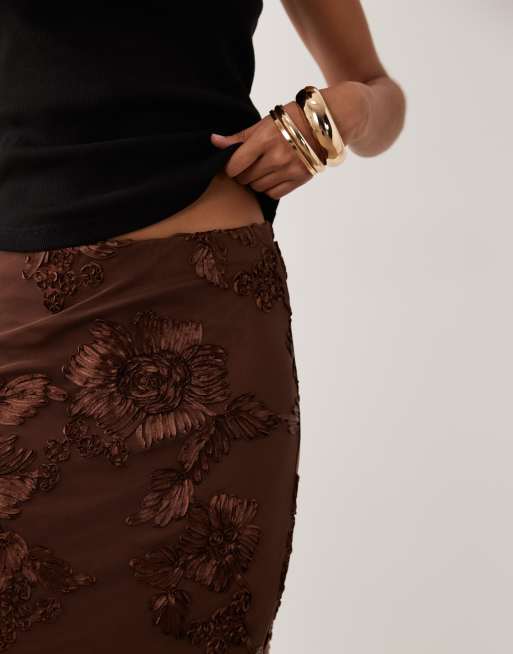 River Island floral embroidered skirt in dark brown , 4 of 5