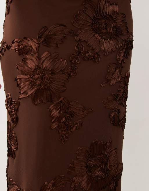 River Island floral embroidered skirt in dark brown , 5 of 5