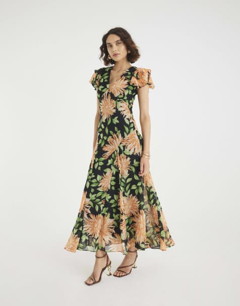 River Island Floral flutter sleeve midi dress in black - view 1